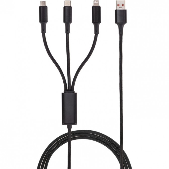 Кабель REXANT USB 3в1 Type-С (6A), Lightning (2,4A), micro USB (3A) 1,2м, в черной оплетке, со световой индикацией 18-7075 Кабель REXANT USB 3в1 Type-С (6A), Lightning (2,4A), micro USB (3A) 1,2м, в черной оплетке, со световой индикацией 18-7075