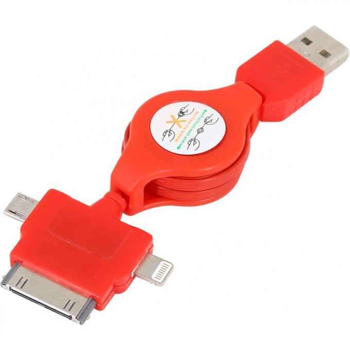 Кабель-рулетка REXANT 3в1 для iPhone 5, micro USB, iPhone 4, 1А, ПВХ, красный 18-4055 Кабель-рулетка REXANT 3в1 для iPhone 5, micro USB, iPhone 4, 1А, ПВХ, красный 18-4055