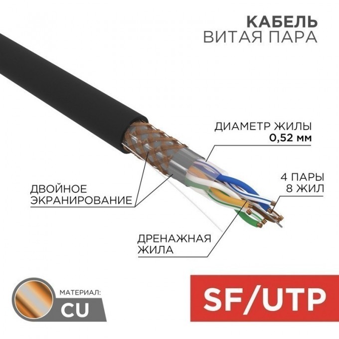 Кабель витая пара REXANT CAT 5e, OUTDOOR, SOLID, черный, 305 м 01-0344 Кабель витая пара REXANT CAT 5e, OUTDOOR, SOLID, черный, 305 м 01-0344