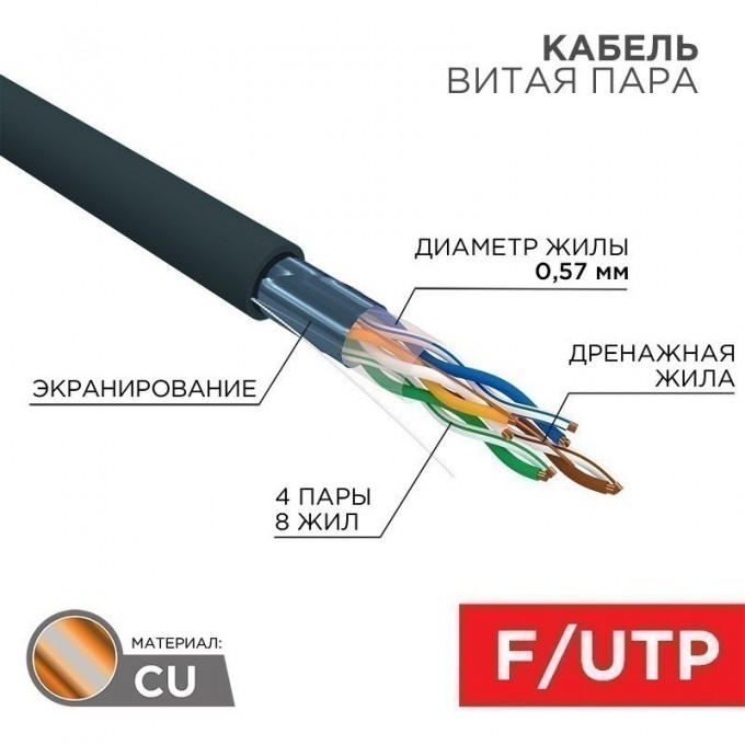 Кабель витая пара REXANT F/UTP, CAT 6, PE, 4PR, 23AWG, OUTDOOR, SOLID, черный, 305м 01-0158 Кабель витая пара REXANT F/UTP, CAT 6, PE, 4PR, 23AWG, OUTDOOR, SOLID, черный, 305м 01-0158