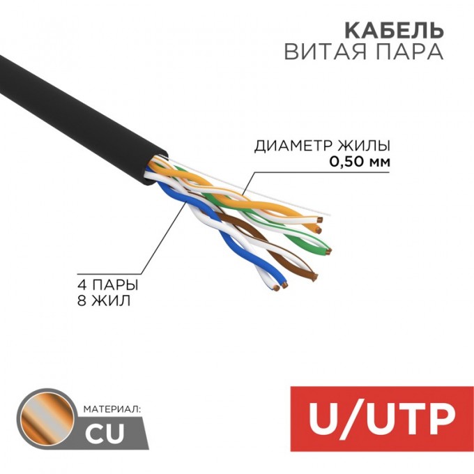 Кабель витая пара REXANT U/UTP, CAT 5e, PE, 4PR, 24AWG, OUTDOOR, SOLID, черный, 305м, РФ 01-0045-R Кабель витая пара REXANT U/UTP, CAT 5e, PE, 4PR, 24AWG, OUTDOOR, SOLID, черный, 305м, РФ 01-0045-R