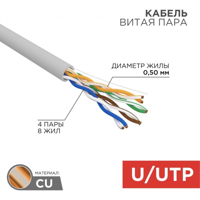 Кабель витая пара REXANT U/UTP, CAT 5e, PVC, 4PR, 24AWG, INDOOR, SOLID, серый, 305м, РФ 01-0043-R Кабель витая пара REXANT U/UTP, CAT 5e, PVC, 4PR, 24AWG, INDOOR, SOLID, серый, 305м, РФ 01-0043-R