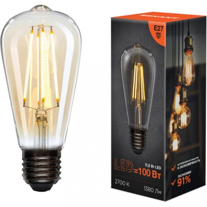 Лампа филаментная REXANT LOFT EDISON ST64 11,5Вт 1380Лм 2700K E27 прозрачная колба 604-139 Лампа филаментная REXANT LOFT EDISON ST64 11,5Вт 1380Лм 2700K E27 прозрачная колба 604-139