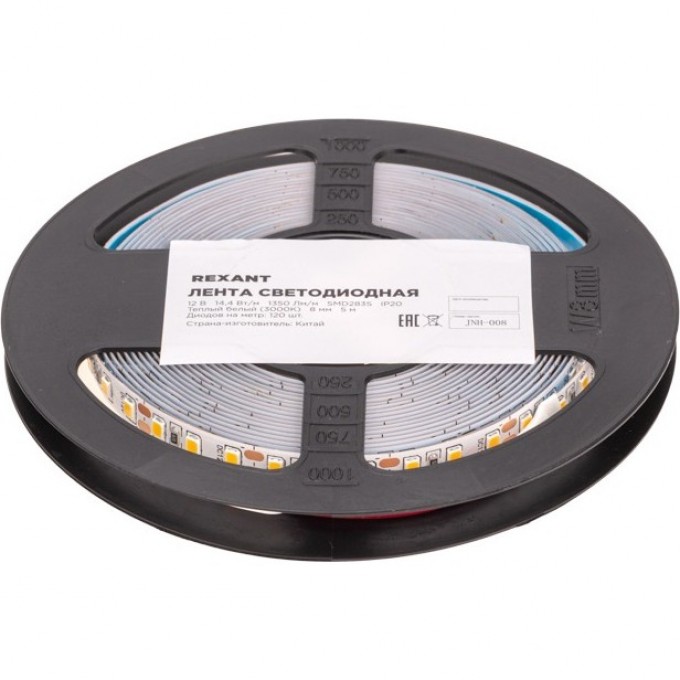 Лента светодиодная REXANT 12В, SMD2835, 14,4Вт/м, 120 LED/м, 3000K, 8 мм, 5 м, IP20 141-220 Лента светодиодная REXANT 12В, SMD2835, 14,4Вт/м, 120 LED/м, 3000K, 8 мм, 5 м, IP20 141-220