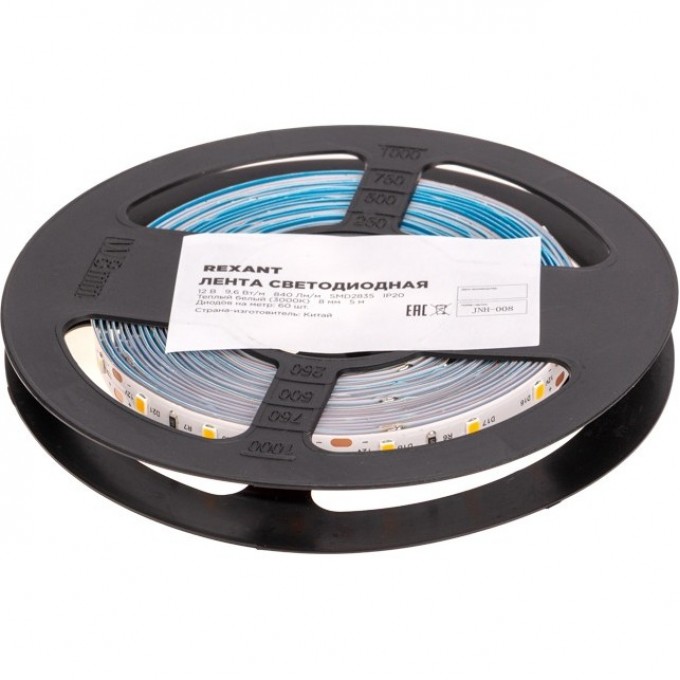 Лента светодиодная REXANT 12В, SMD2835, 9,6Вт/м, 60 LED/м, 3000K, 8мм, 5м, IP20 141-213 Лента светодиодная REXANT 12В, SMD2835, 9,6Вт/м, 60 LED/м, 3000K, 8мм, 5м, IP20 141-213