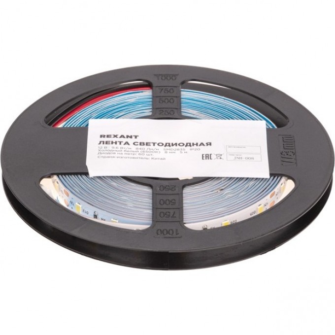 Лента светодиодная REXANT 12В, SMD2835, 9,6Вт/м, 60 LED/м, 6500K, 8 мм, 5 м, IP20 141-217 Лента светодиодная REXANT 12В, SMD2835, 9,6Вт/м, 60 LED/м, 6500K, 8 мм, 5 м, IP20 141-217