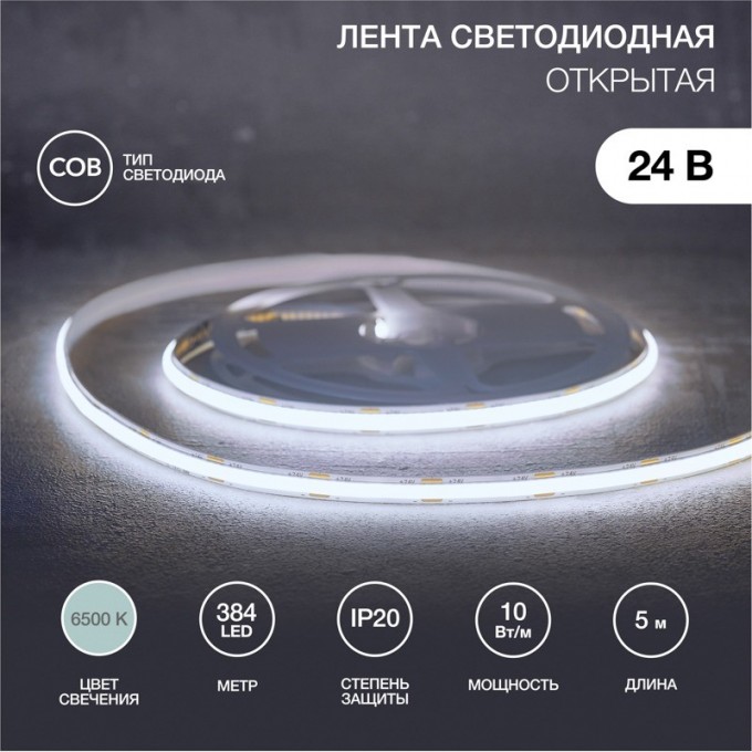 Лента светодиодная REXANT 24В, COB 10Вт/м, 384 LED/м, 6500K, 8мм, 5м, IP20 147-102 Лента светодиодная REXANT 24В, COB 10Вт/м, 384 LED/м, 6500K, 8мм, 5м, IP20 147-102